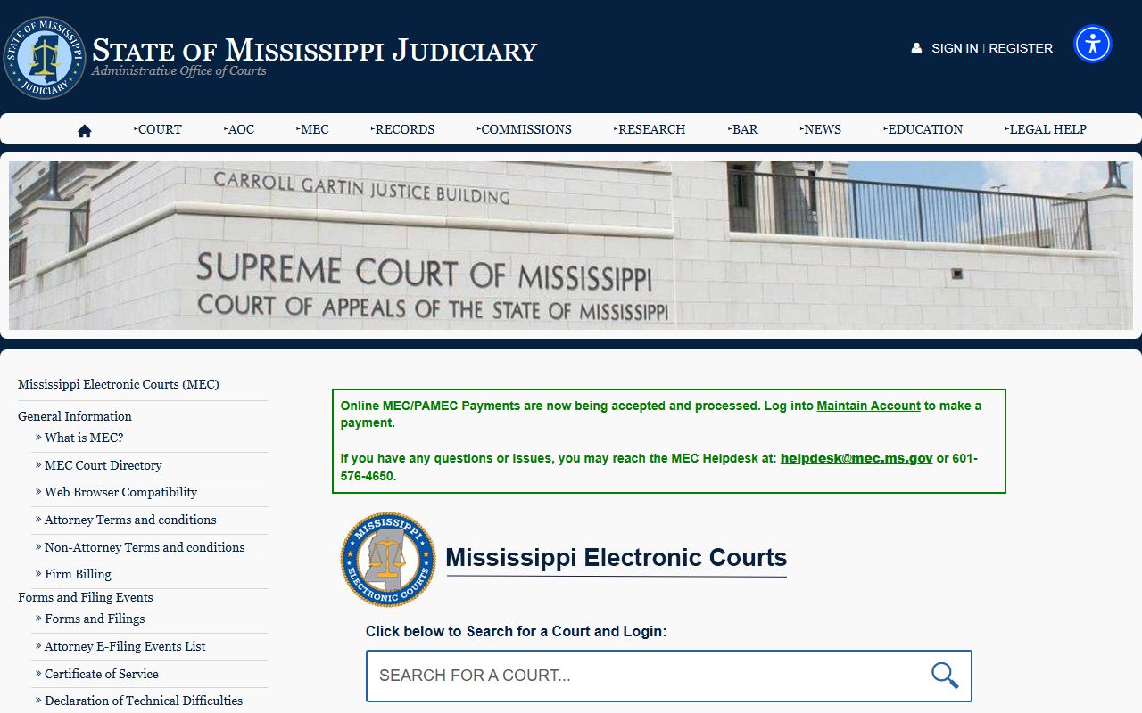 Sharkey County court records search through the Mississippi Electronic Courts portal
