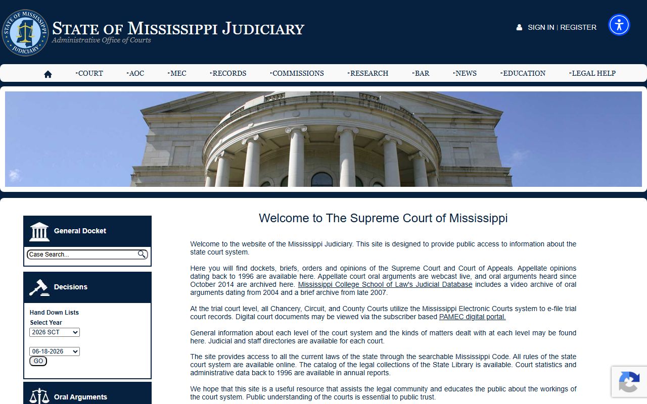 Sharkey County court records access through the Mississippi Judiciary website