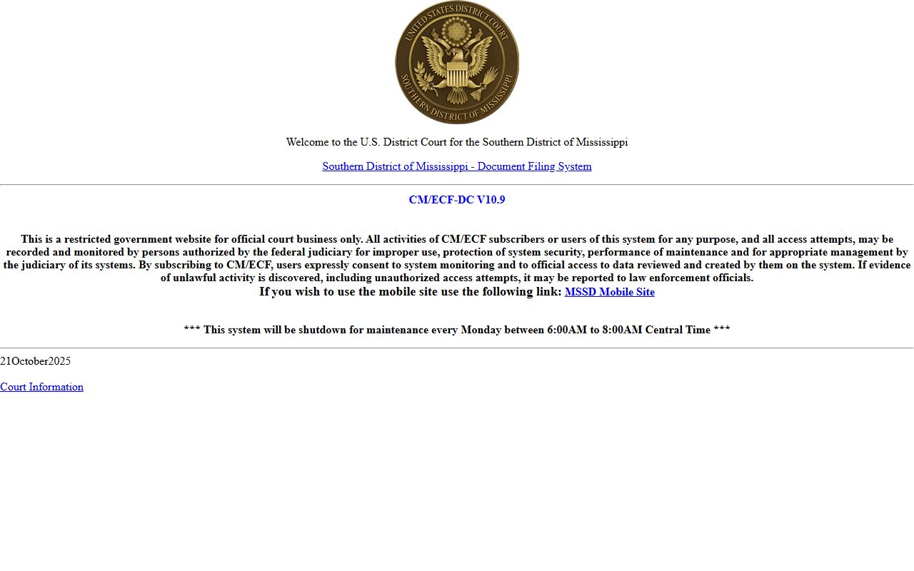 Southern District of Mississippi CM/ECF login used for Sharkey County federal criminal records