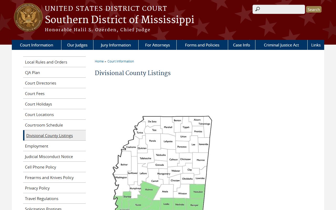 Southern District of Mississippi divisional county listing covering Sharkey County criminal records