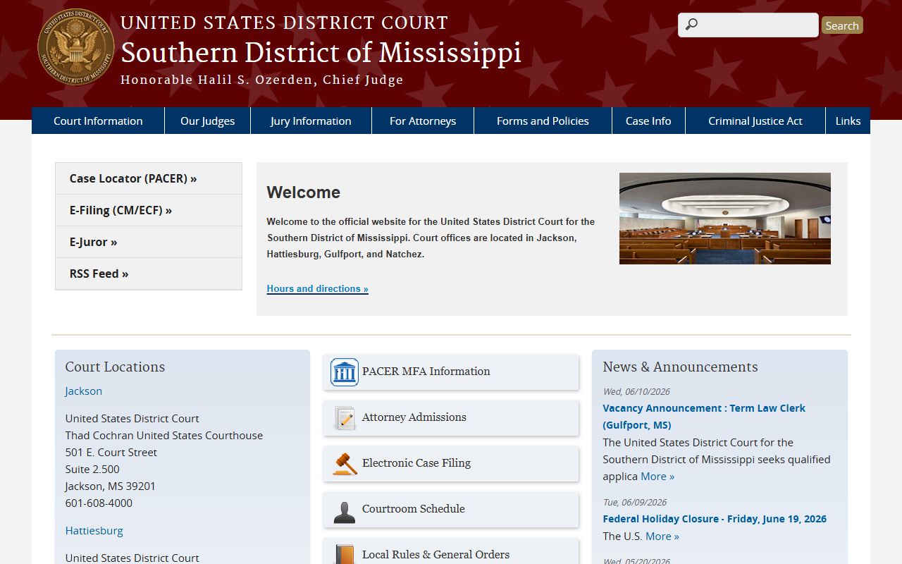 U.S. District Court for the Southern District of Mississippi home page for Sharkey County criminal records