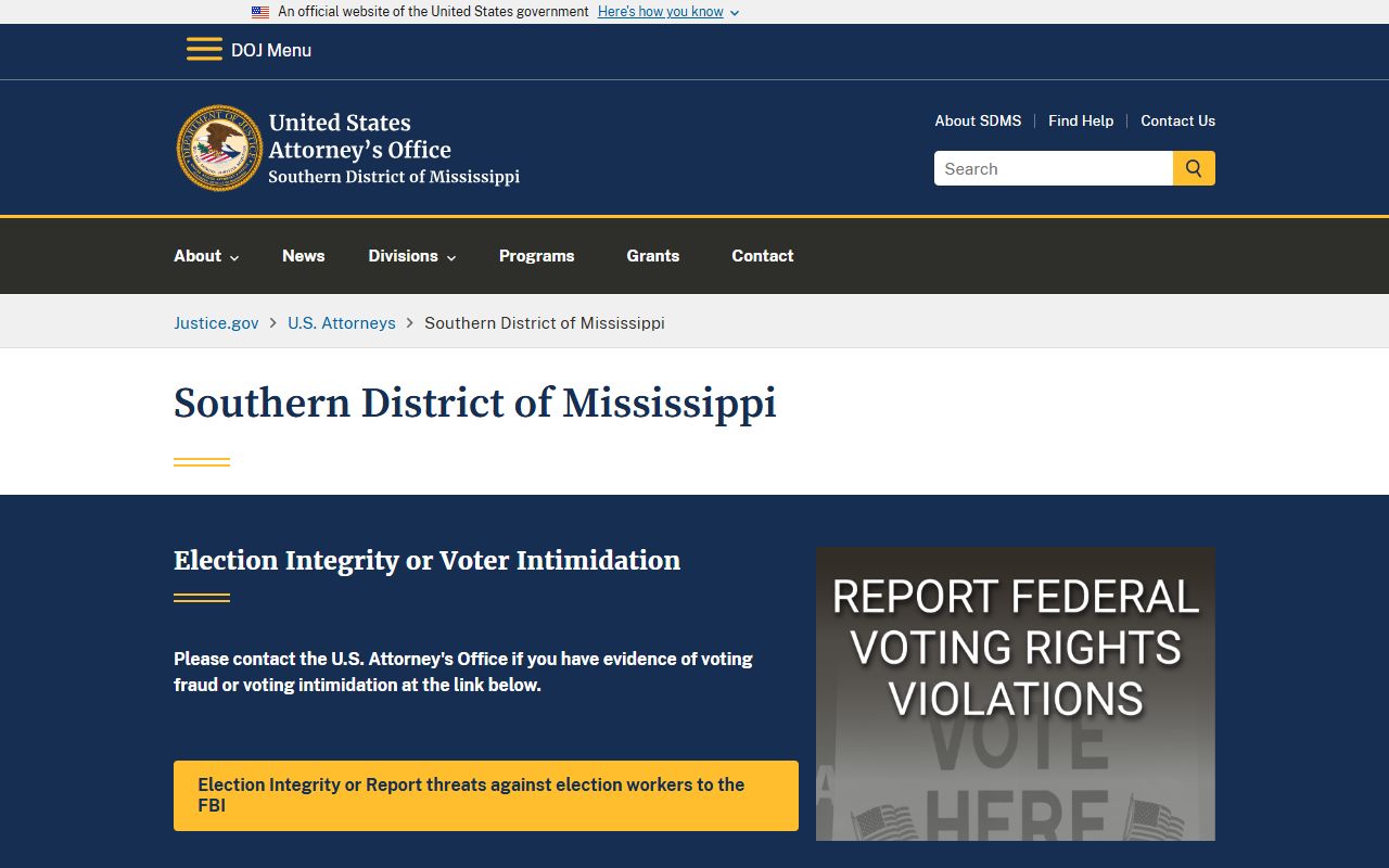 U.S. Attorney Southern District of Mississippi page relevant to Sharkey County federal criminal records