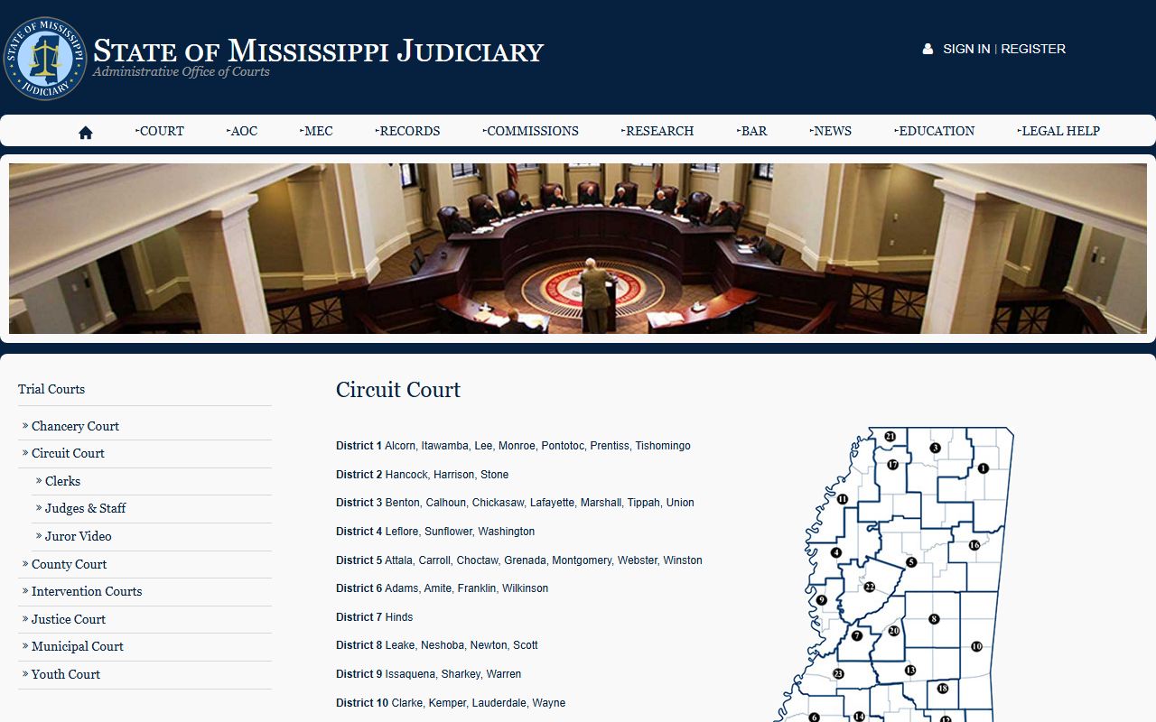 Mississippi Judiciary Circuit Court page explaining Sharkey County Circuit Court records