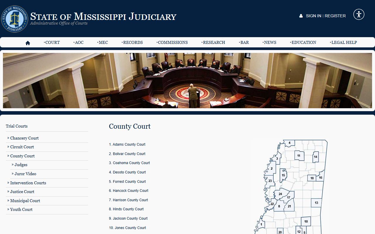 Mississippi County Court page showing where Sharkey County Circuit Court records fit