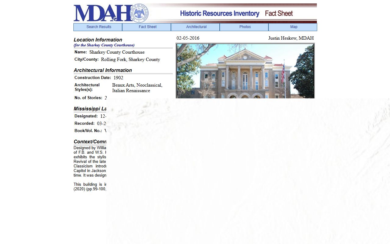 Sharkey County Courthouse property record for the 1902 landmark building