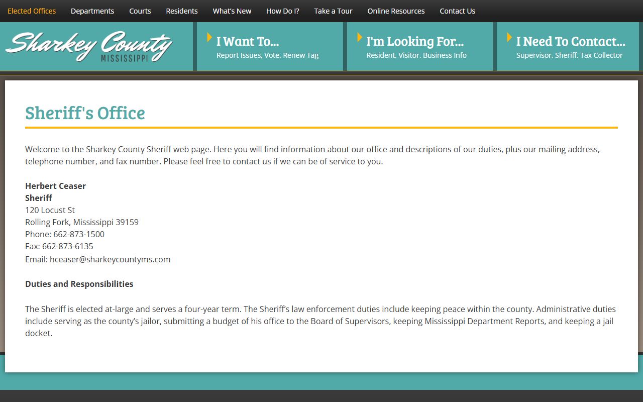 Sharkey County Sheriff's Office page describing jail and booking duties