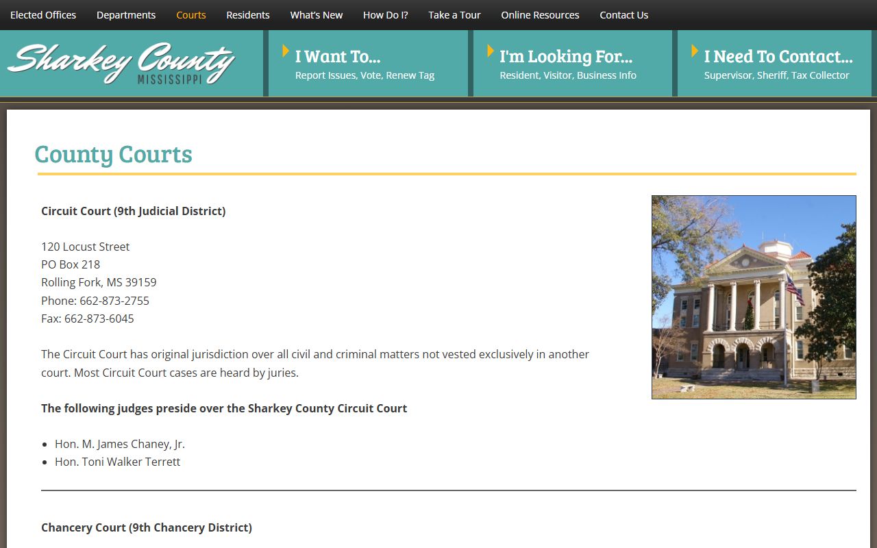 Sharkey County courts page showing Circuit, Chancery, and Justice Court information
