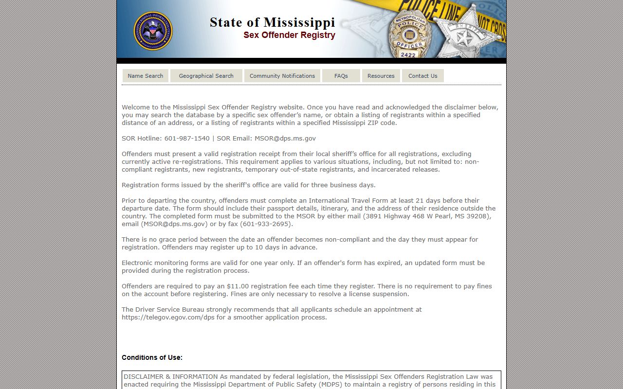 Sharkey County inmate records note on the Mississippi statewide sex offender registry lookup