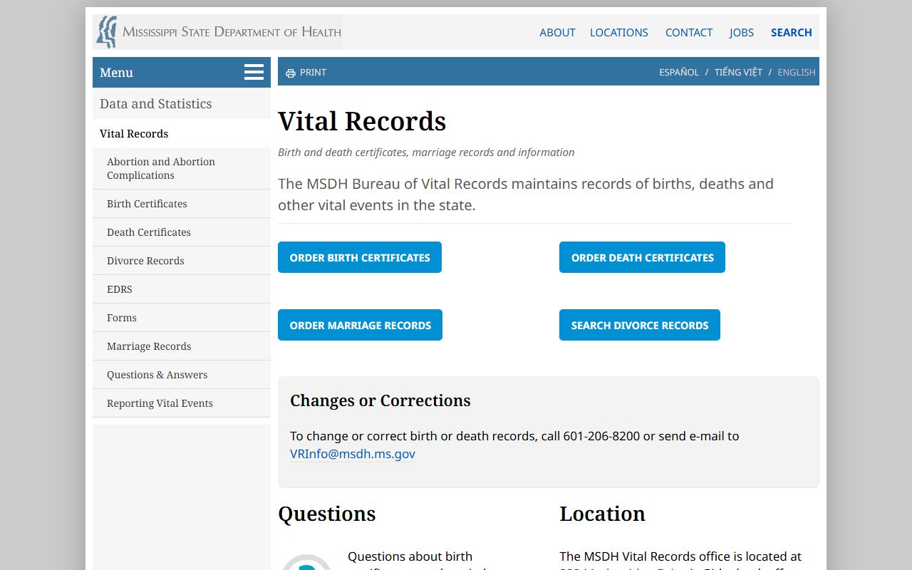 MSDH Vital Records page for ordering Sharkey County marriage records in Mississippi