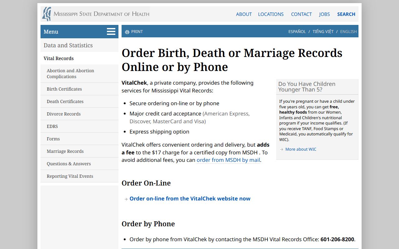 Mississippi vital records ordering page for Sharkey County marriage and divorce certificate copies
