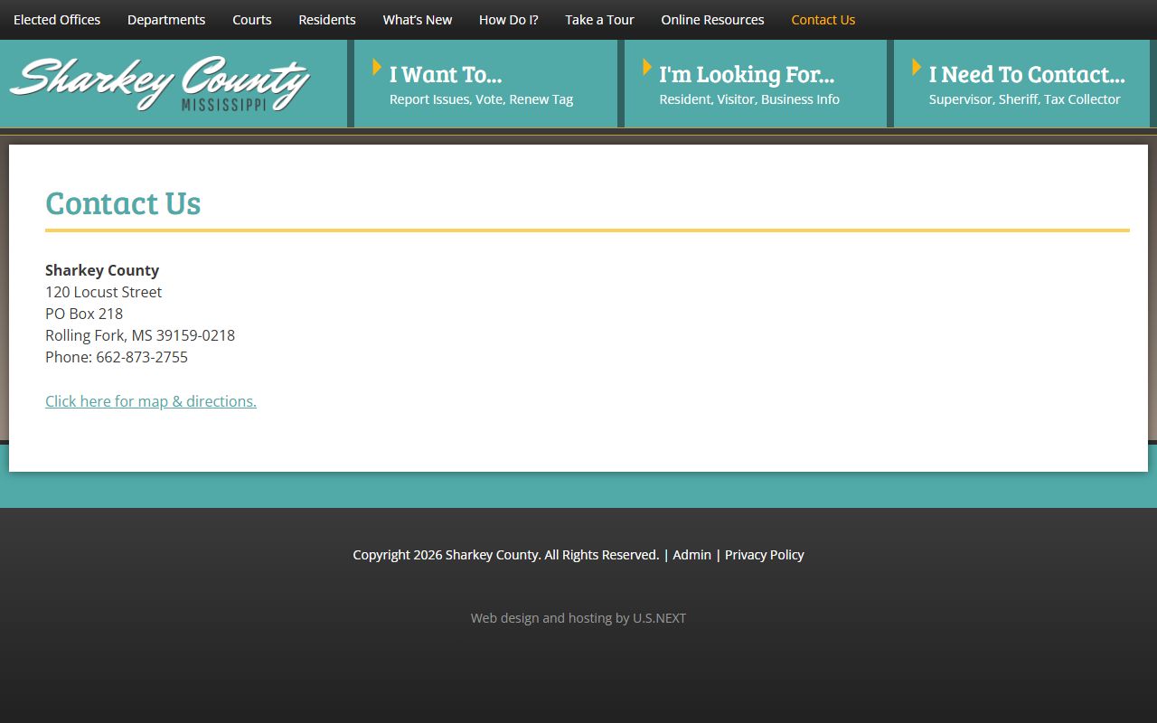 Sharkey County contact page used to reach the Chancery Clerk about probate records