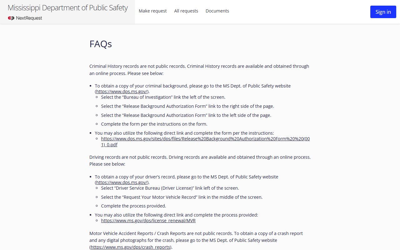 Sharkey County traffic records and the Mississippi DPS public records FAQ page