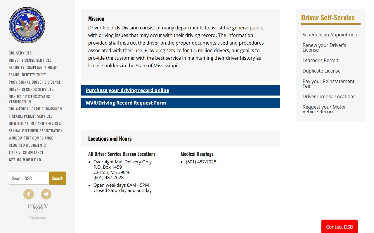 Sharkey County traffic records and the Mississippi Driver Service Bureau records home page